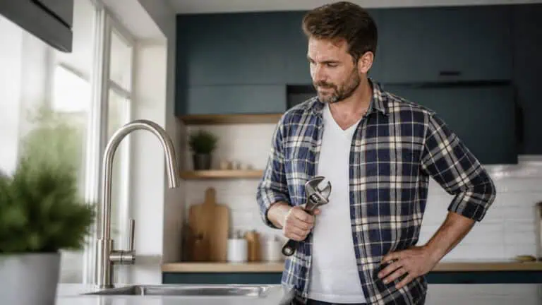 A man with a beard and plaid shirt fixing a plumbing pipe in a modern kitchen with natural light.