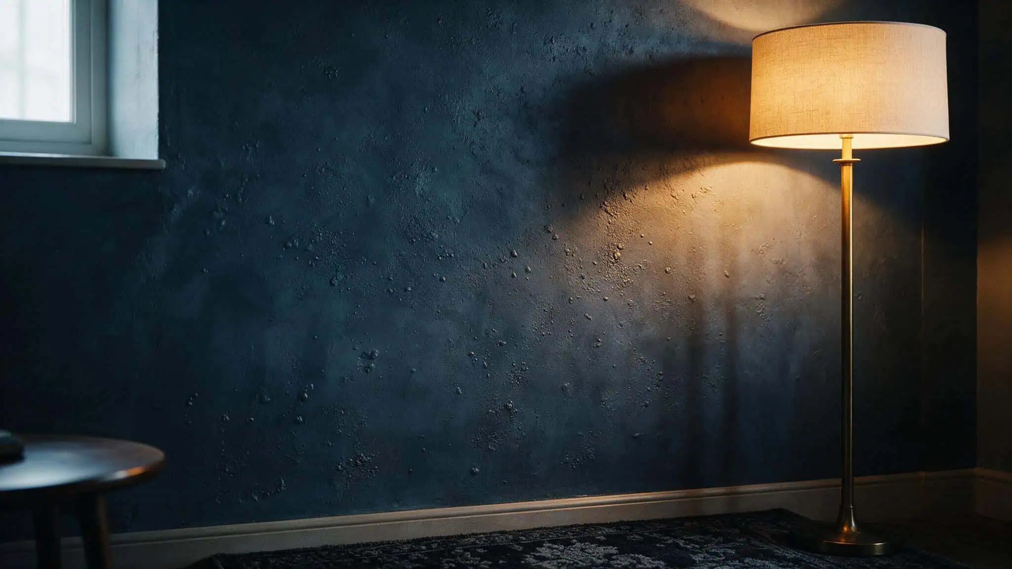 15 Masculine Room Ideas for Men: Industrial Aesthetic on a Budget 2 A warm, inviting corner featuring a tall floor lamp casting soft light on a textured dark blue wall and a small wooden table.