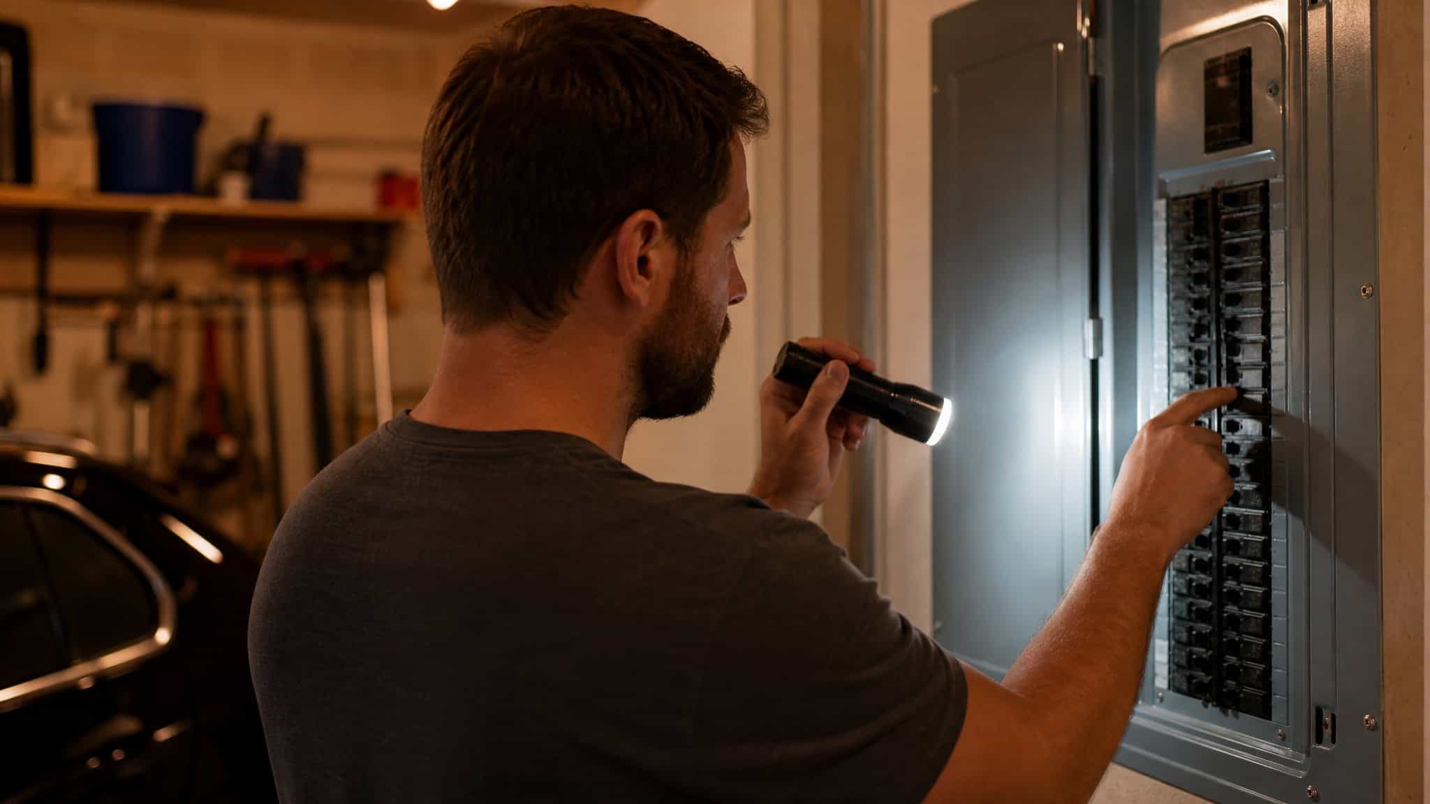 AC Blowing Warm Air? 6 Causes and the 90% Outdoor Unit Rule 3 A man with a flashlight inspecting an electrical panel in a home or workshop setting, focusing on safety and electrical maintenance.