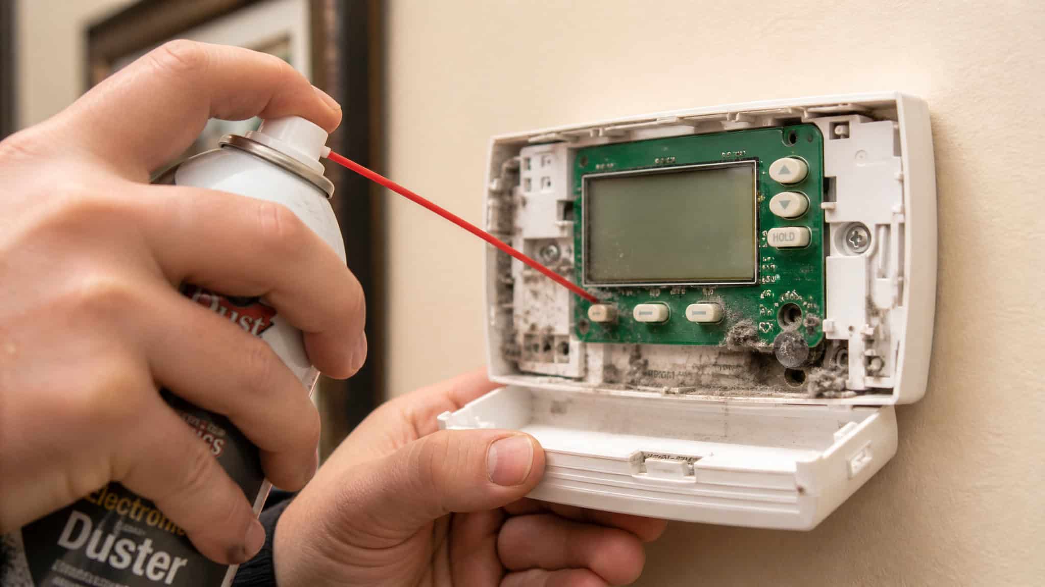 Cleaning dust from inside an open thermostat with compressed air as a DIY fix