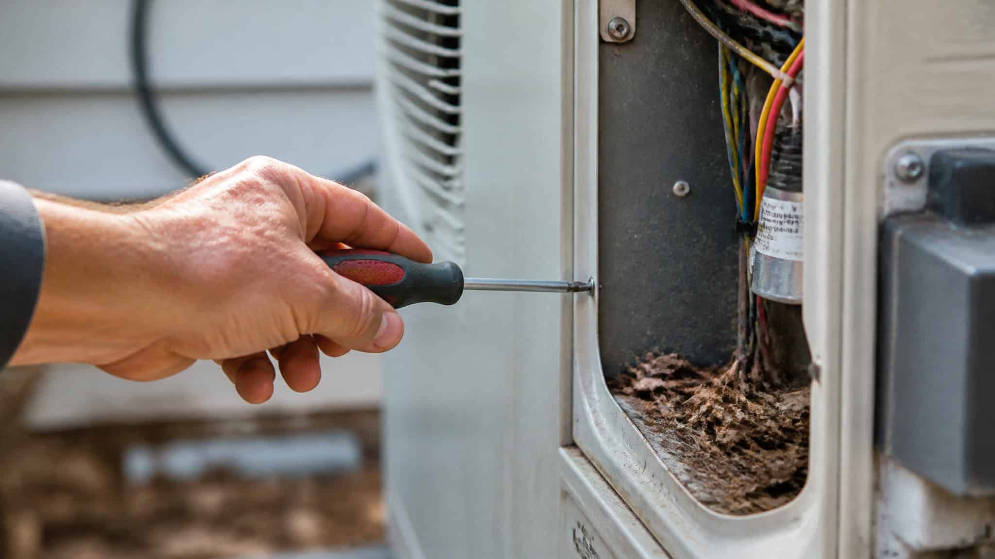 AC Making Strange Noises? Decode 8 Sounds and Know When to Call a Pro 2 Hand with screwdriver clearing leaves and twigs from outdoor AC condenser unit
