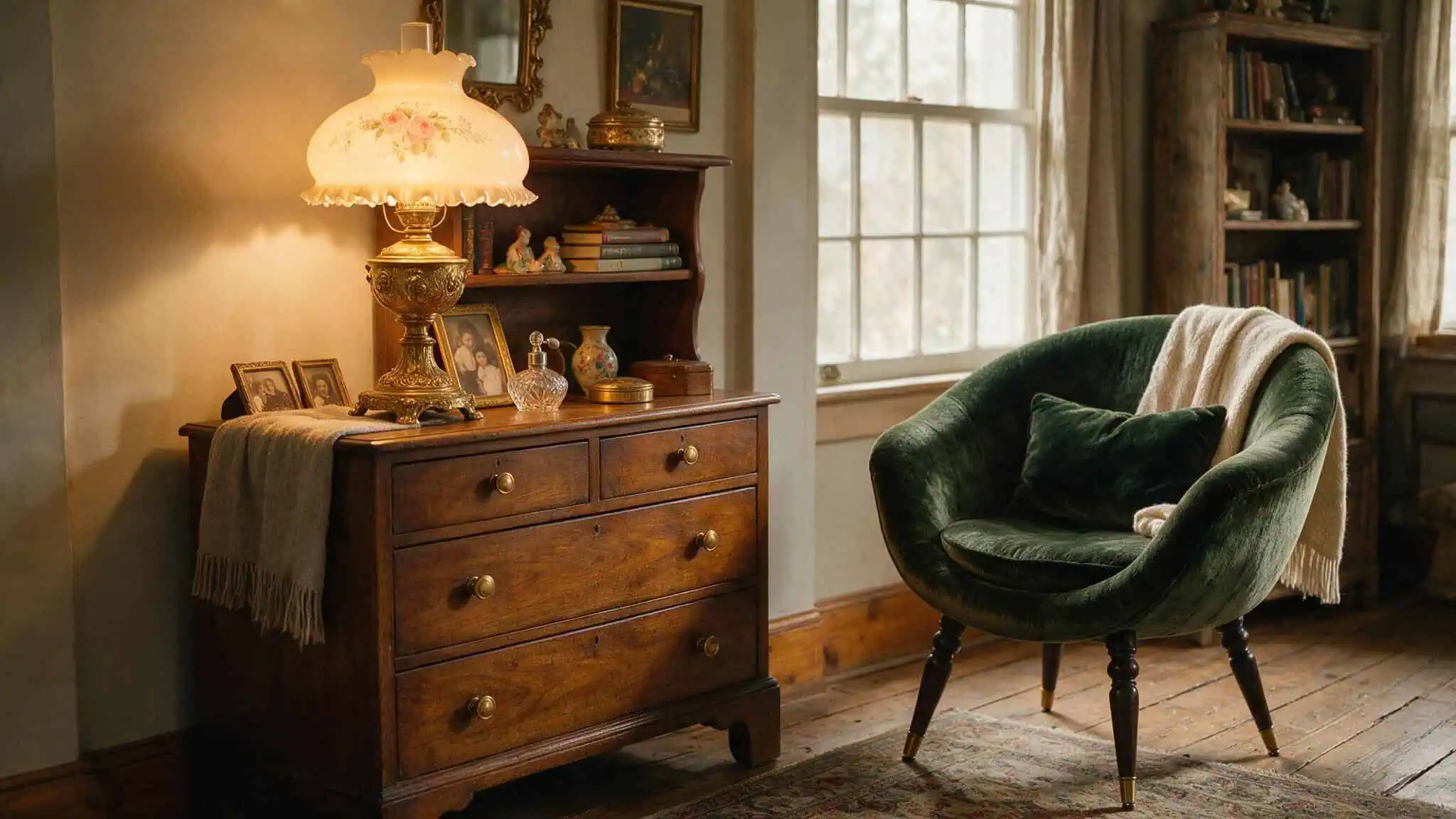 Cozy vintage living room featuring a green velvet armchair, wooden dresser, and warm lighting from a classic table lamp.