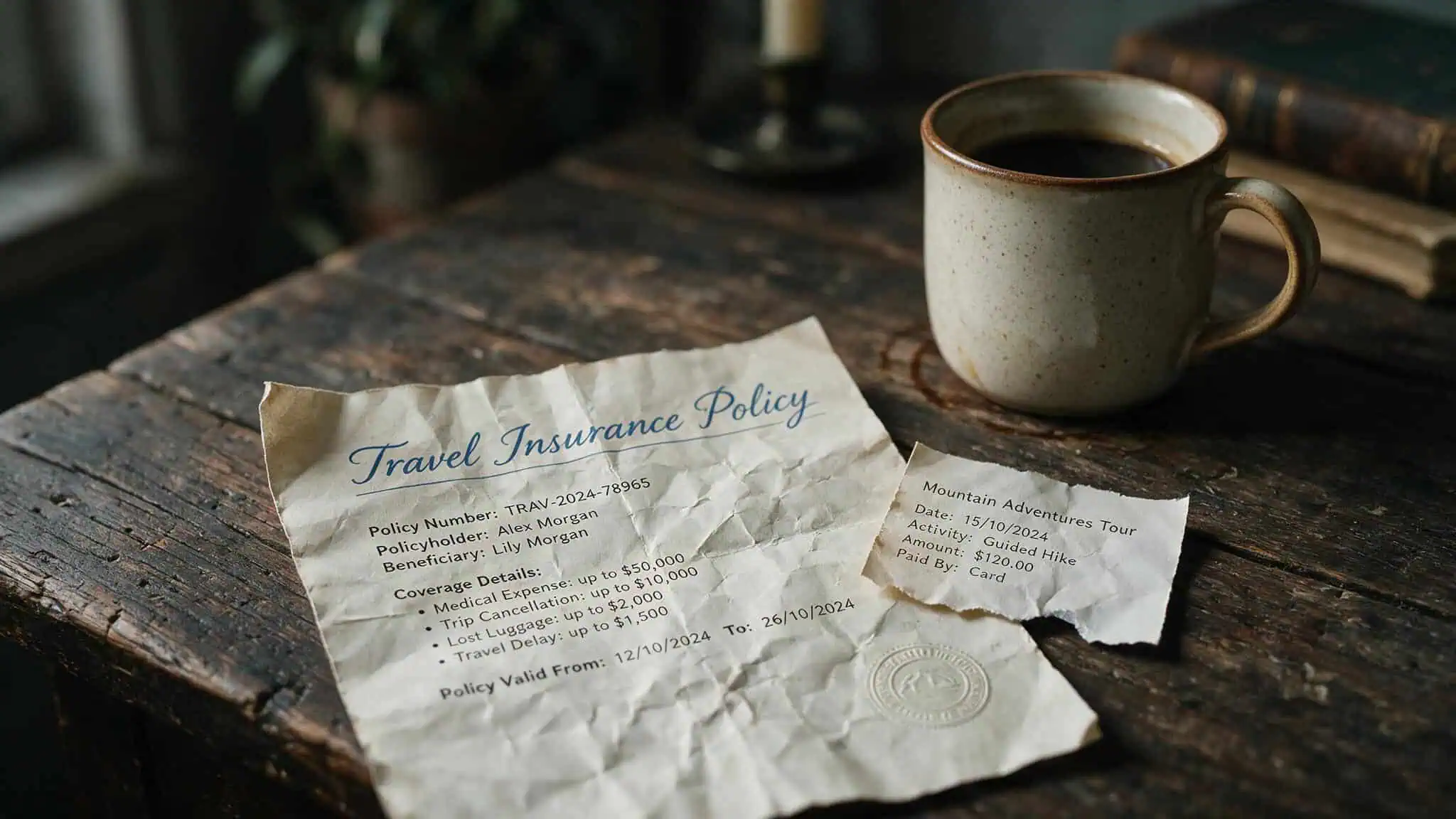 Crumpled insurance policy and torn receipt on a desk representing denied travel insurance claims.