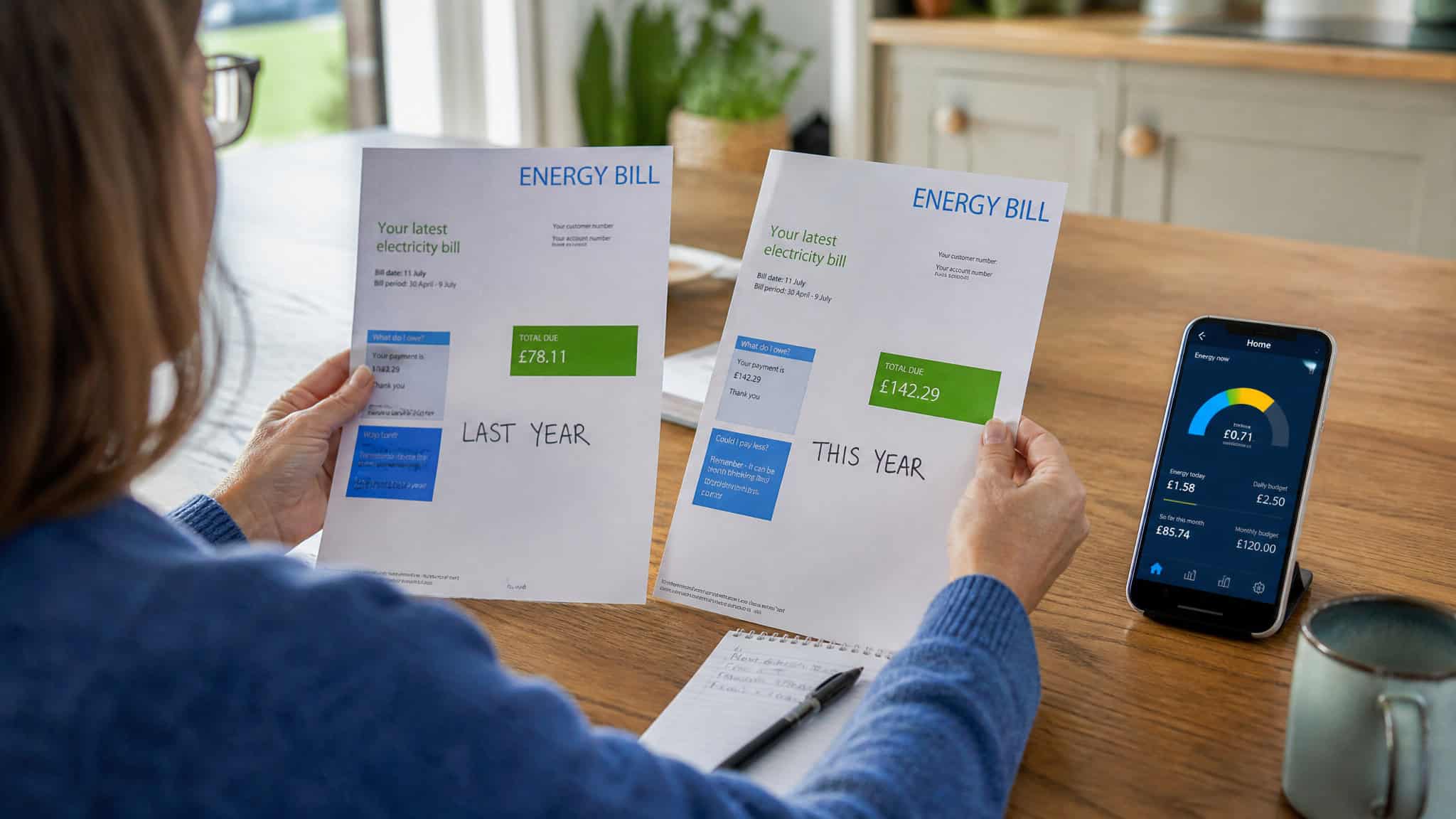 Homeowner comparing electric bills year-over-year to diagnose if high AC bills are from usage or rate hikes.