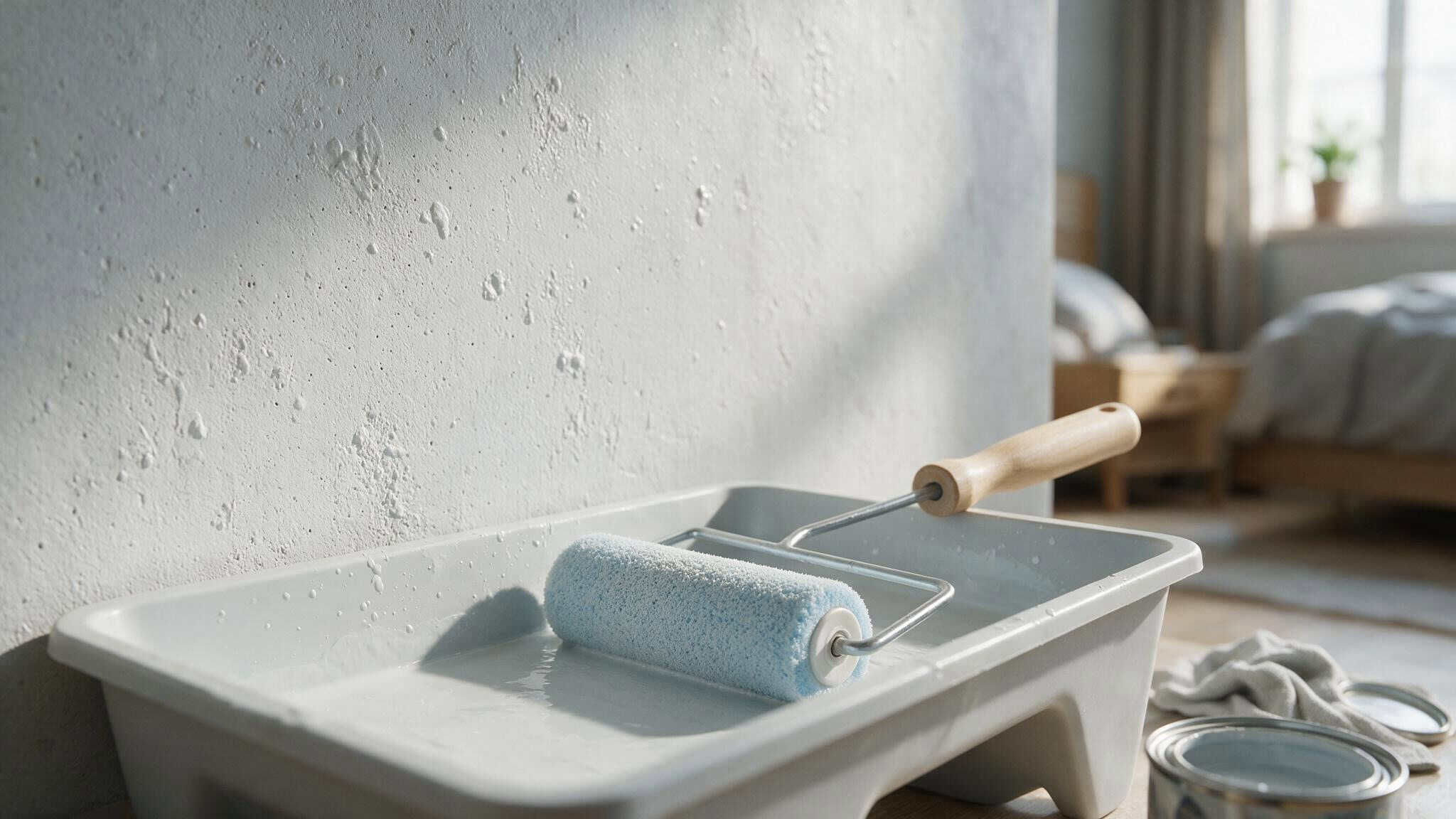 Concrete paint effect wall texture with a foam roller and paint tray in a bedroom