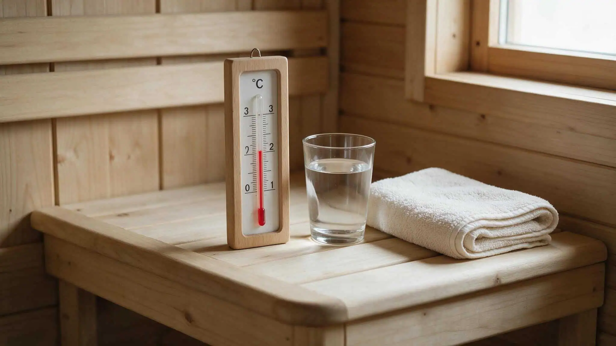 Does Sauna Help With Colds? What a 1990 RCT Reveals About Immune Conditioning 2 Thermometer on a sauna bench showing 1.5°C rise, water and towel nearby, immune response trigger.