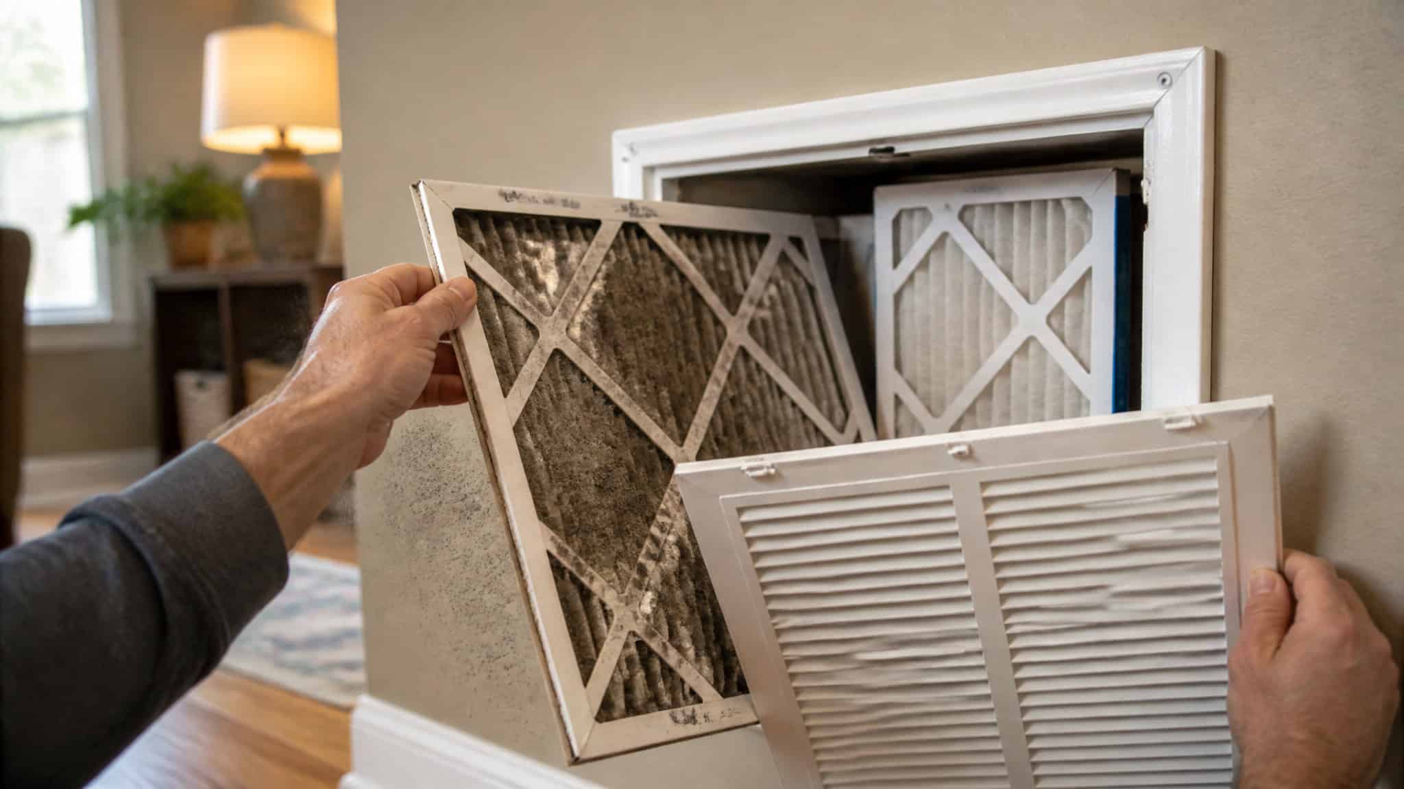 AC Short Cycling: 7 Causes and the Exact Fixes You Need 2 Hand replacing a dirty air filter in an HVAC return vent to fix AC short cycling.