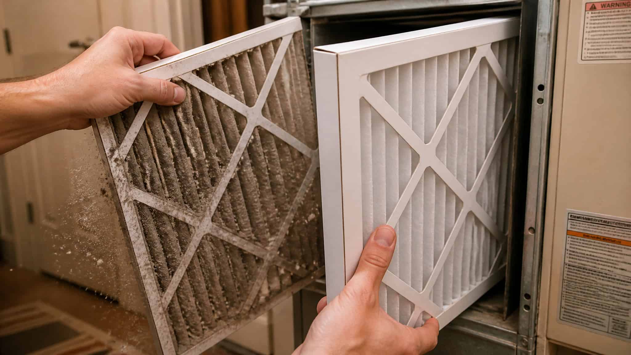 Replacing a dirty HVAC air filter, a simple maintenance step that cuts cooling energy use by 5-15%.