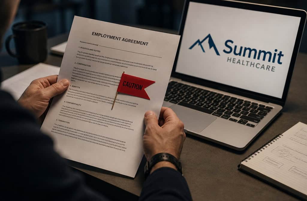 How to Become a Home Health Aide: A Step-by-Step Guide for Men 2 Man reviewing job contract with red flag sticker, highlighting employer risks in home health care