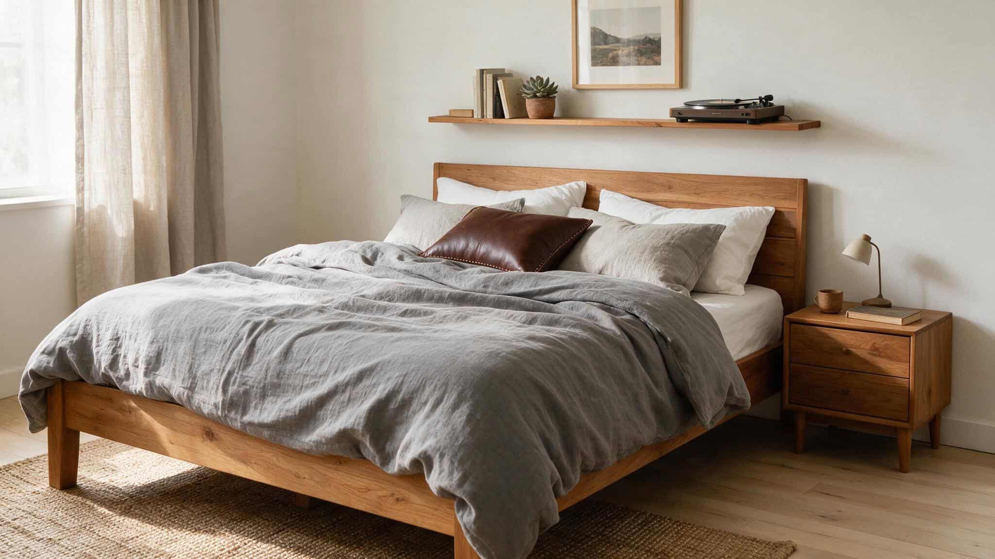 Male Bedroom Ideas on a Budget: A Real College-Age Room Makeover 3 Bedroom with existing wooden furniture styled with grey bedding and leather throw pillow.