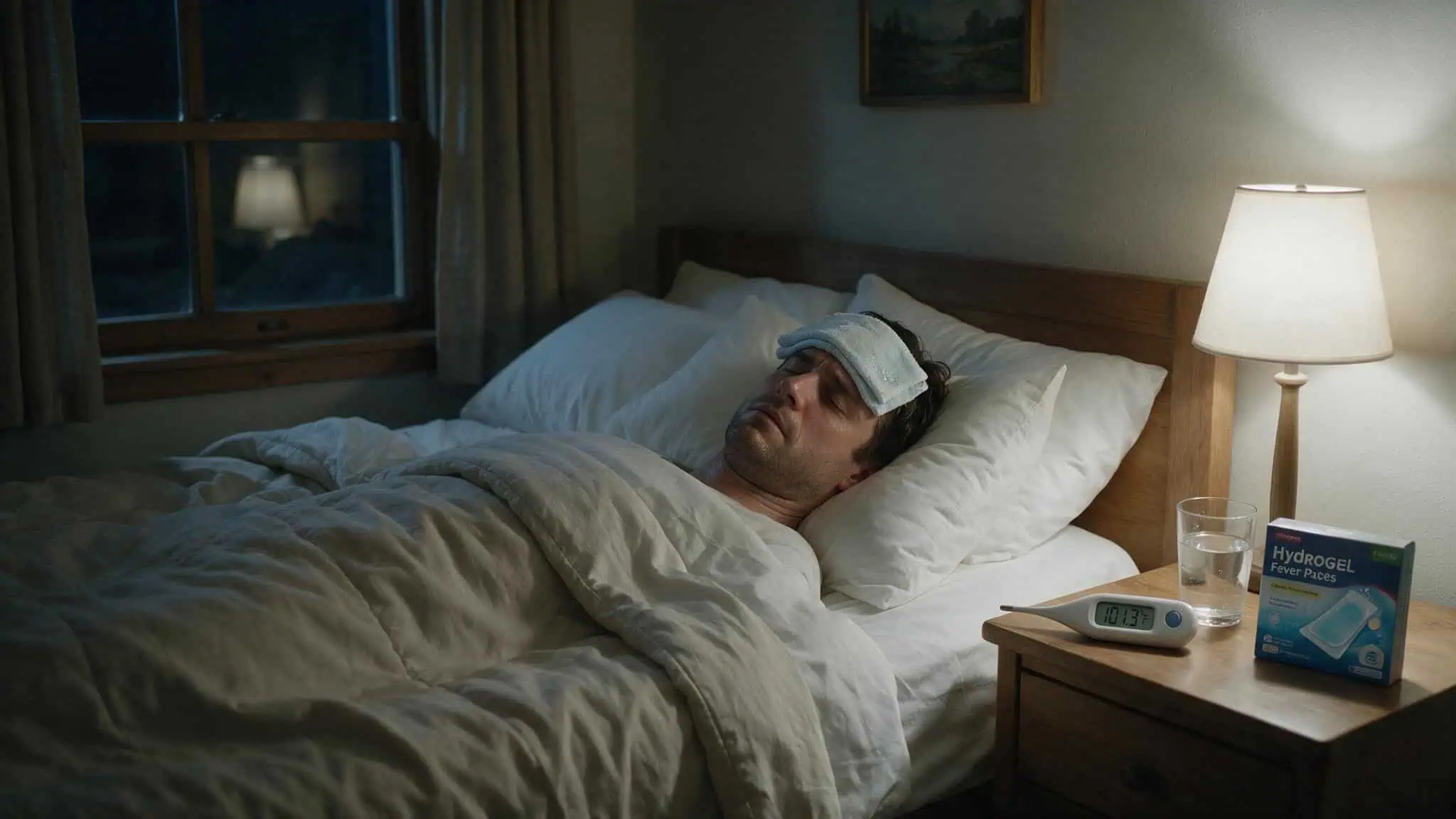 Does Sauna Help With Colds? What a 1990 RCT Reveals About Immune Conditioning 4 Man with a fever in bed, cold cloth on forehead, thermometer nearby, sauna danger during illness.