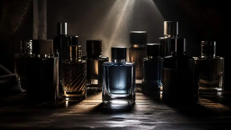 Collection of luxury perfume bottles in various shapes and sizes on a dark wooden surface, illuminated by soft lighting for a sophisticated aesthetic.