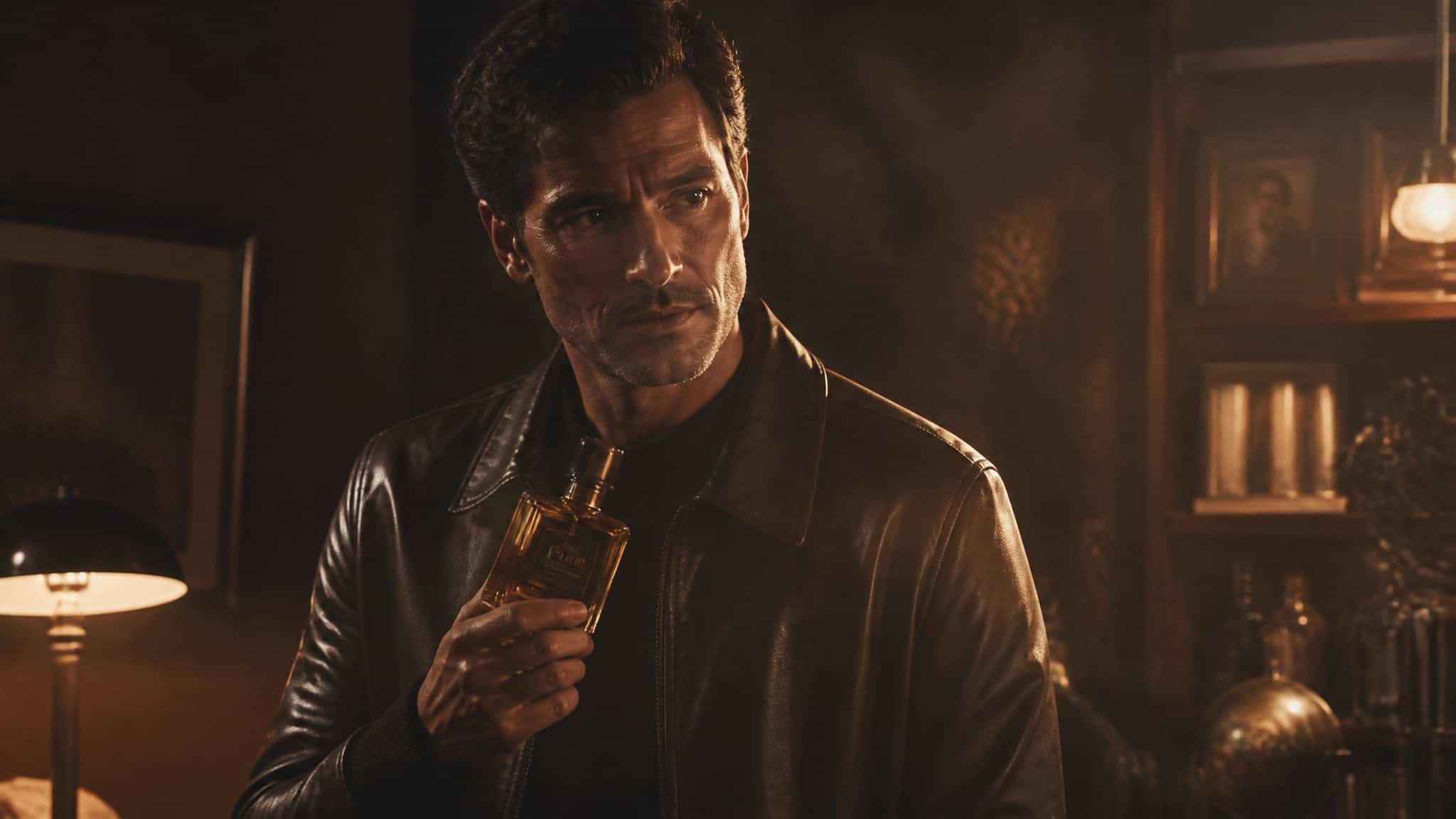 Man in leather jacket holding cologne bottle representing fragrance layering philosophy