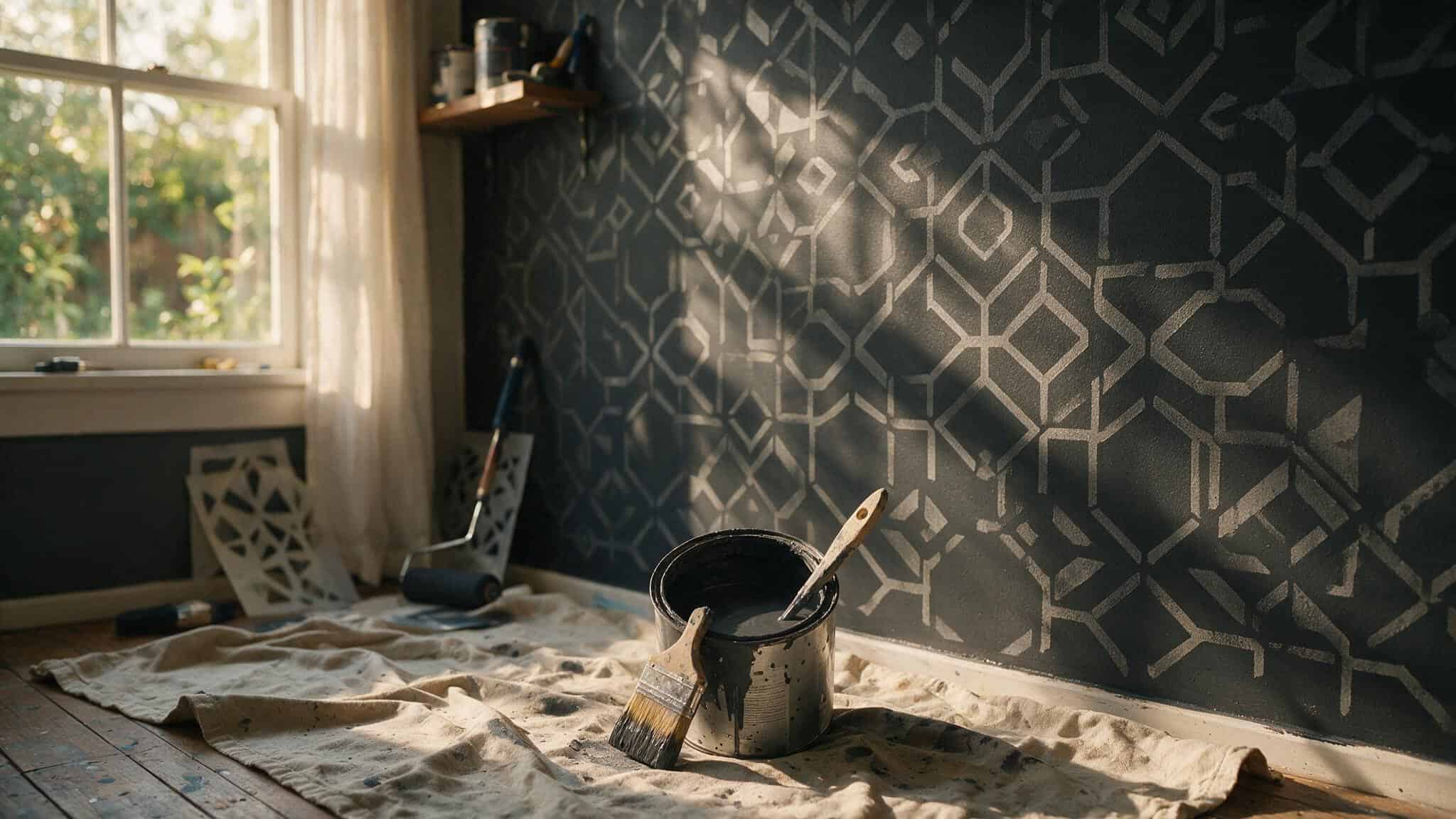 Masculine Bedroom Design: Budget vs Splurge Ideas for a Modern Look 5 Geometric wall stencil pattern on dark accent wall with paint supplies nearby