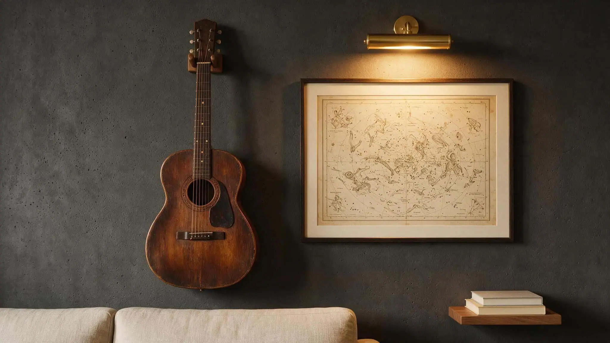 15 Masculine Room Ideas for Men: Industrial Aesthetic on a Budget 3 Vintage acoustic guitar hanging on a dark wall with a framed map and a modern light fixture above it.