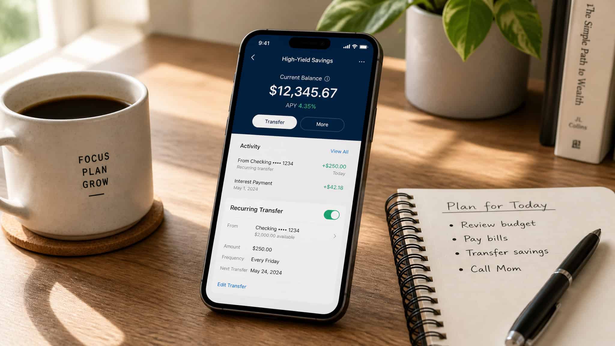 Close-up of a smartphone displaying a high-yield savings account app on a wooden desk, alongside a notebook with a to-do list, a pen, a coffee mug, and a potted plant.