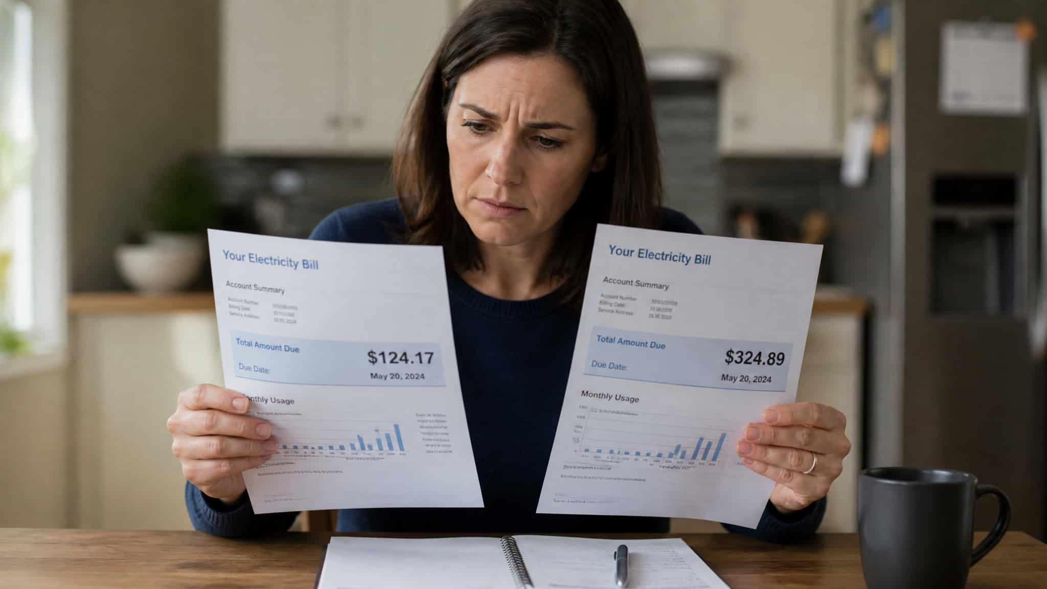 AC Capacitor Failure Symptoms: 9 Warning Signs Your AC Is About to Break Down 3 Woman examining her electricity bills with concern, holding two papers showing high charges, in a modern kitchen setting.
