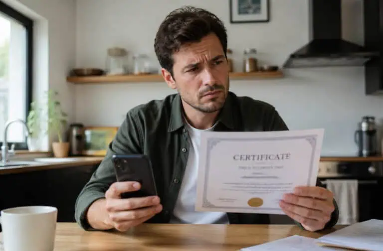 Man examining a certificate while looking at his phone in a modern kitchen setting.