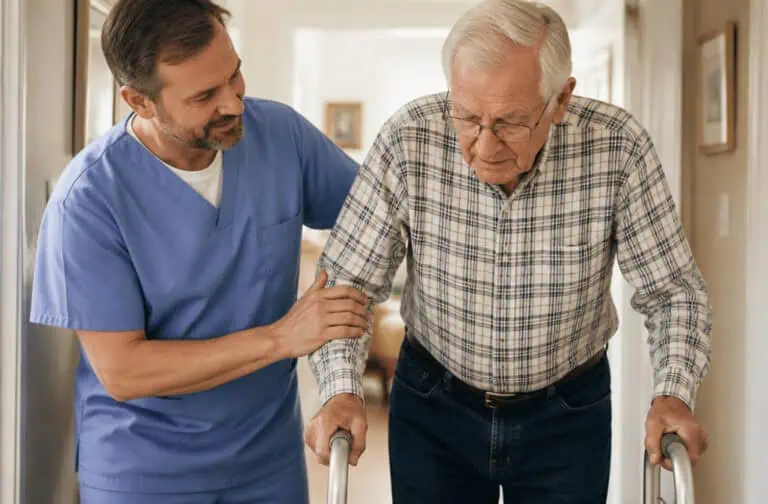 A healthcare professional assists an elderly man with walking using a walker, demonstrating compassionate elderly care in a home setting.