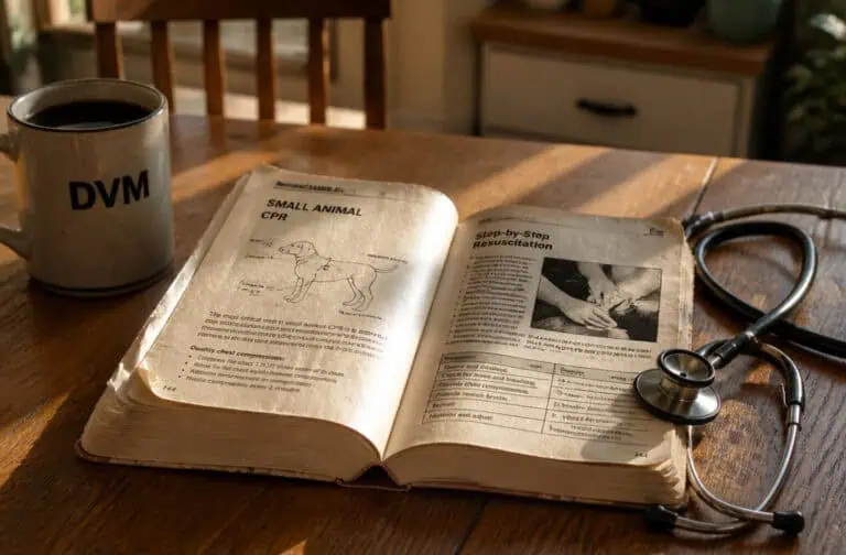 Open veterinary manual on small animal CPR and resuscitation with a stethoscope and coffee mug on a wooden table.
