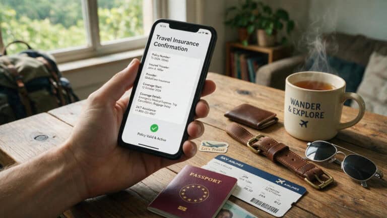 Man holding smartphone showing travel insurance policy with passport and boarding pass on table.