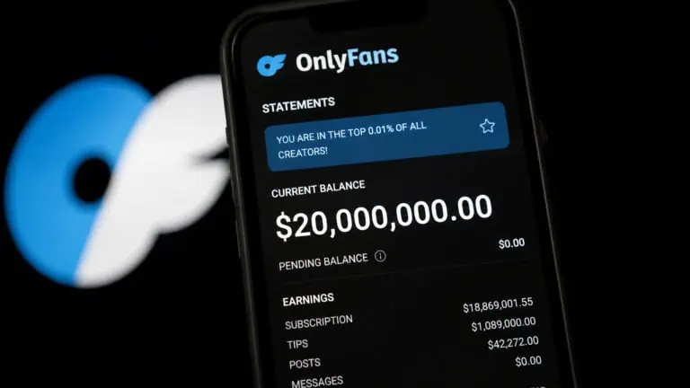 Close-up of a smartphone screen showing an OnlyFans earnings dashboard with a $20 million balance and top creator statement.