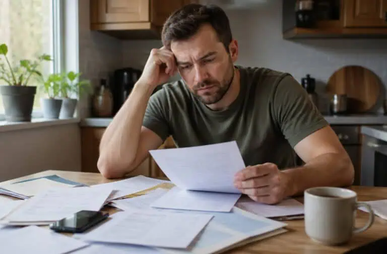 A man with a beard and casual clothing is sitting at a kitchen table, reviewing financial documents with a focused expression, surrounded by papers, a coffee mug, and a calculator.