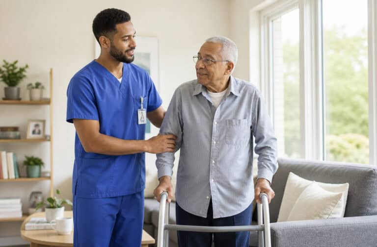 A young healthcare professional in blue scrubs assisting an elderly man with a walker in a bright, welcoming home environment.