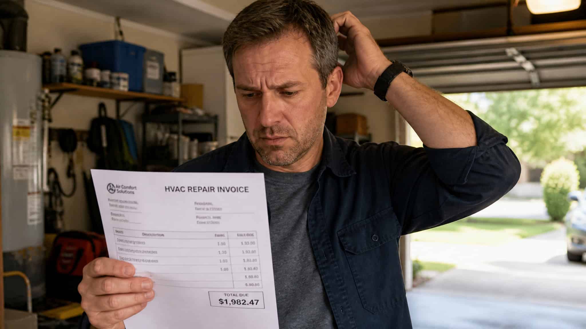Man in garage examining HVAC repair invoice with a puzzled expression, holding the paper in his hand, surrounded by tools and equipment.
