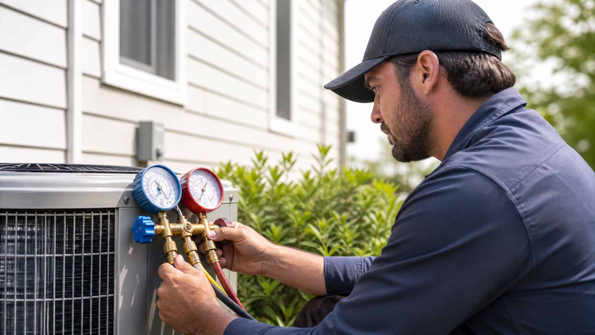 HVAC technician checking refrigerant pressure on an AC unit, highlighting proper sizing and installation issues.