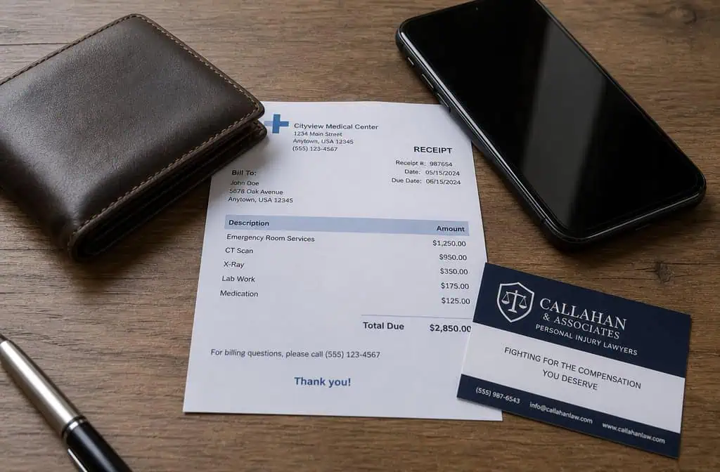 Flat lay of medical receipts, phone, wallet, and lawyer business card on desk