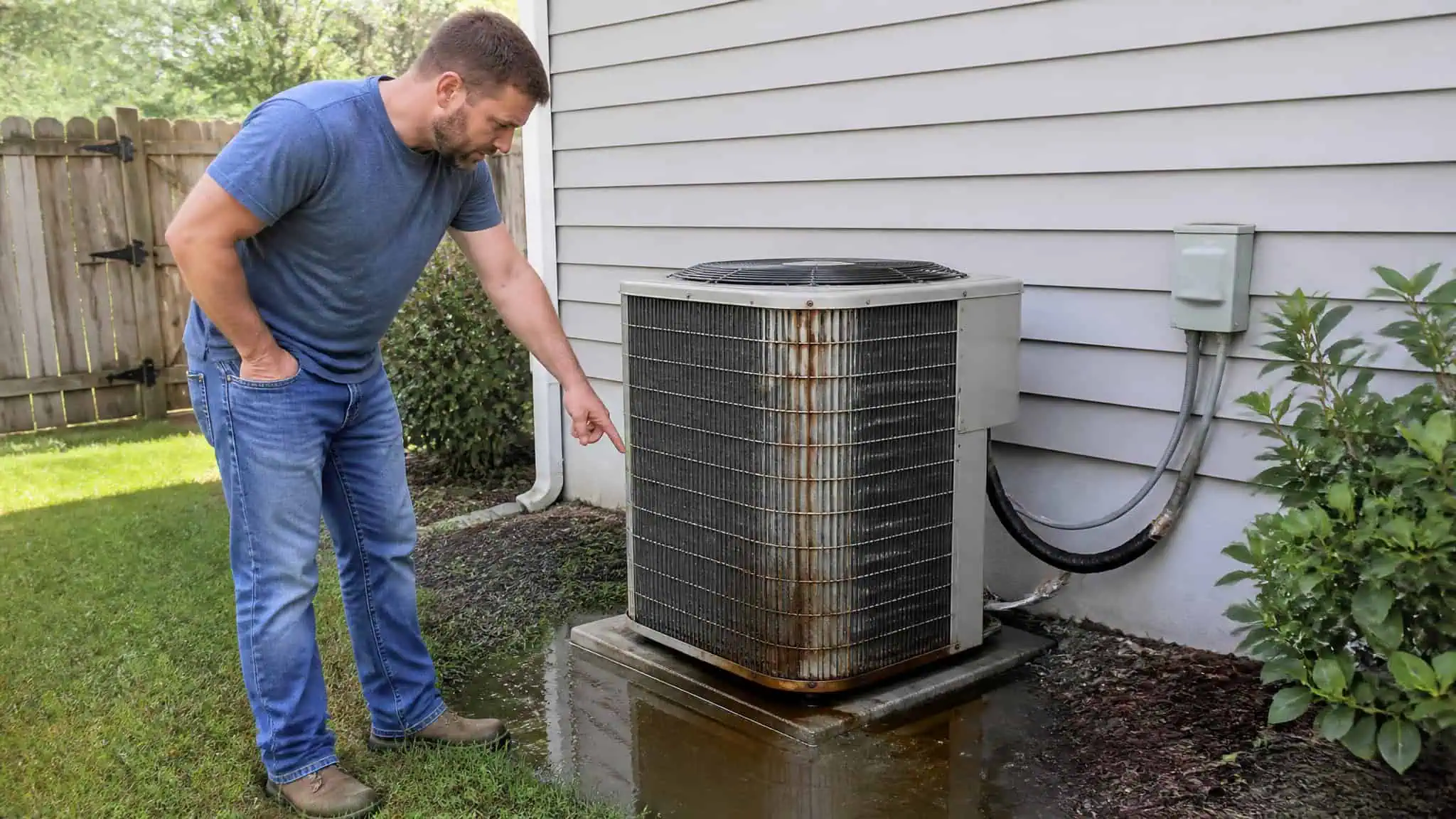 AC Warning Signs: 8 Red Flags Your Air Conditioner Is About to Fail 2 Man in casual clothing inspecting outdoor air conditioning unit near house wall.