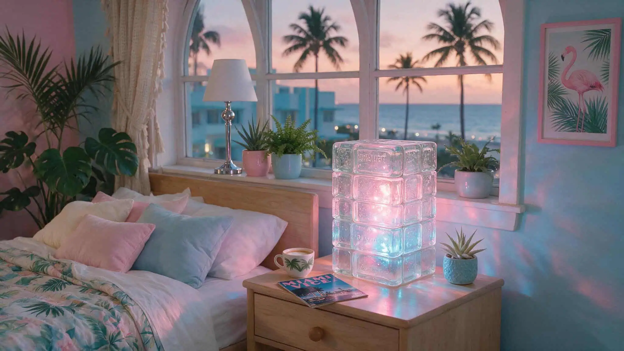 What Every Man Should Have in His Bedroom: A Design Insider's List 2 Beautiful beachfront bedroom with large window overlooking sunset and palm trees, decorated with tropical plants, flamingo artwork, and soft pastel bedding.