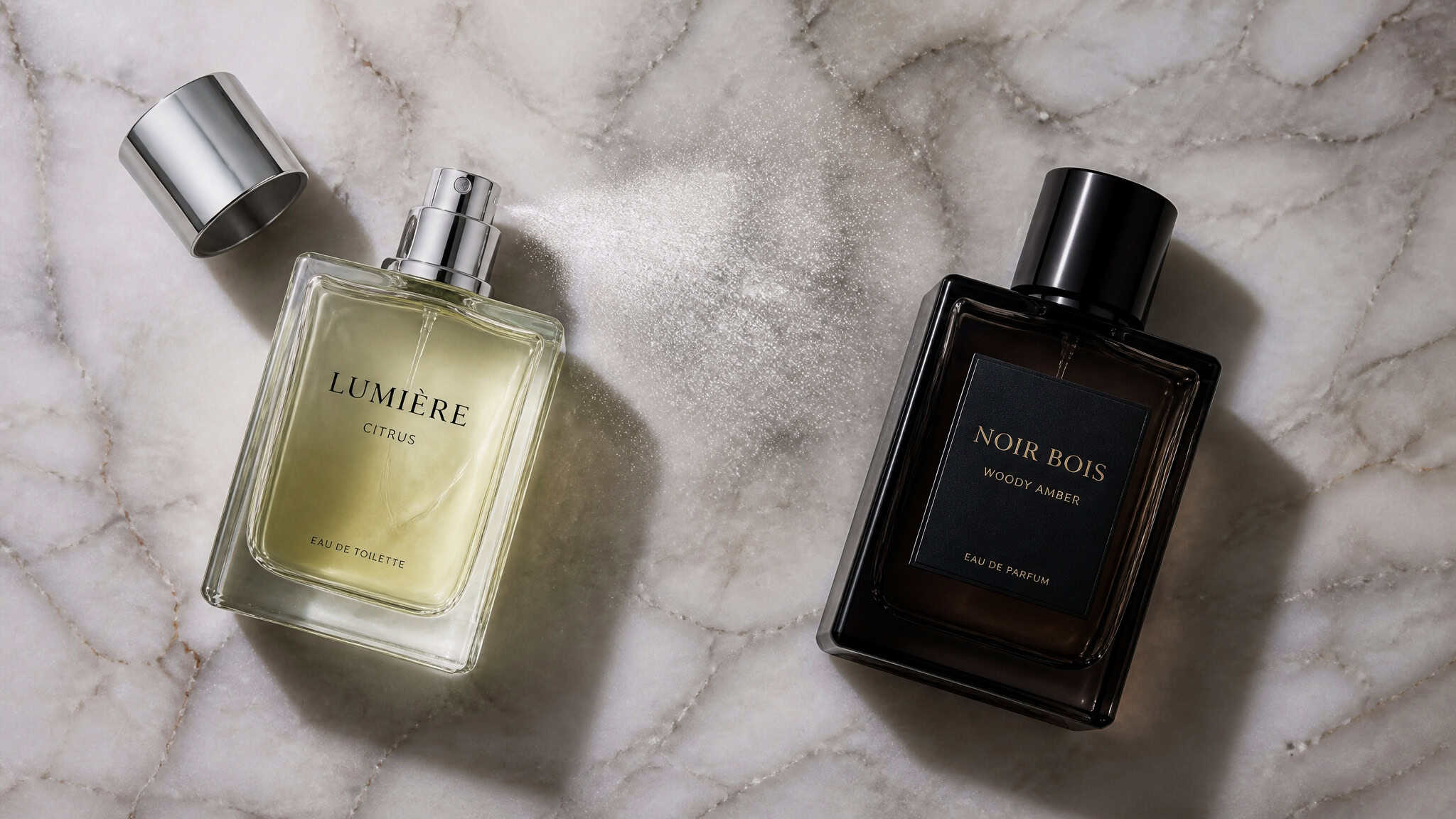 Two cologne bottles arranged for layering light citrus over heavy woody scent