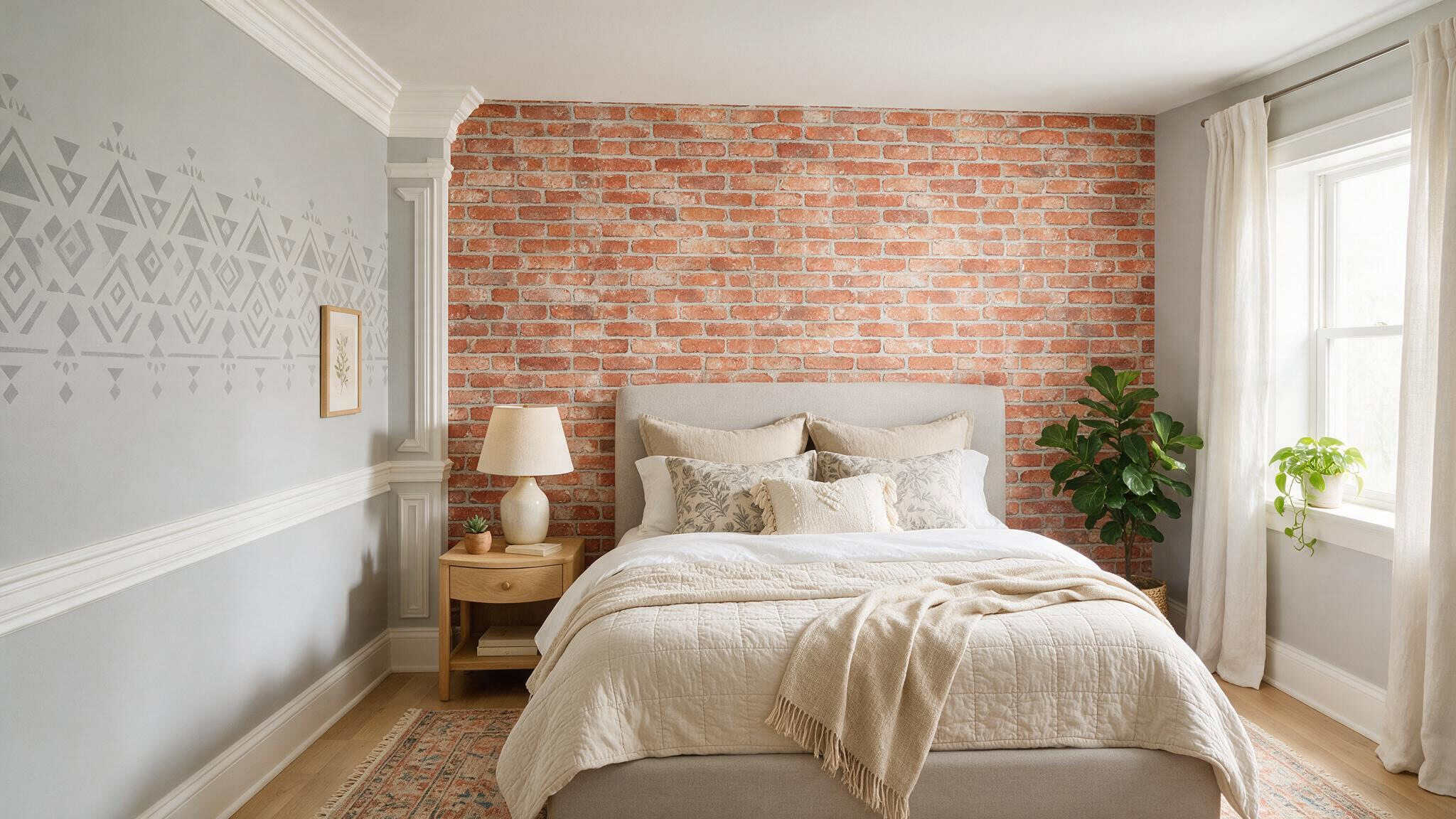 Low-cost wall treatments including brick wallpaper, geometric stencil, and molding kit in a bedroom