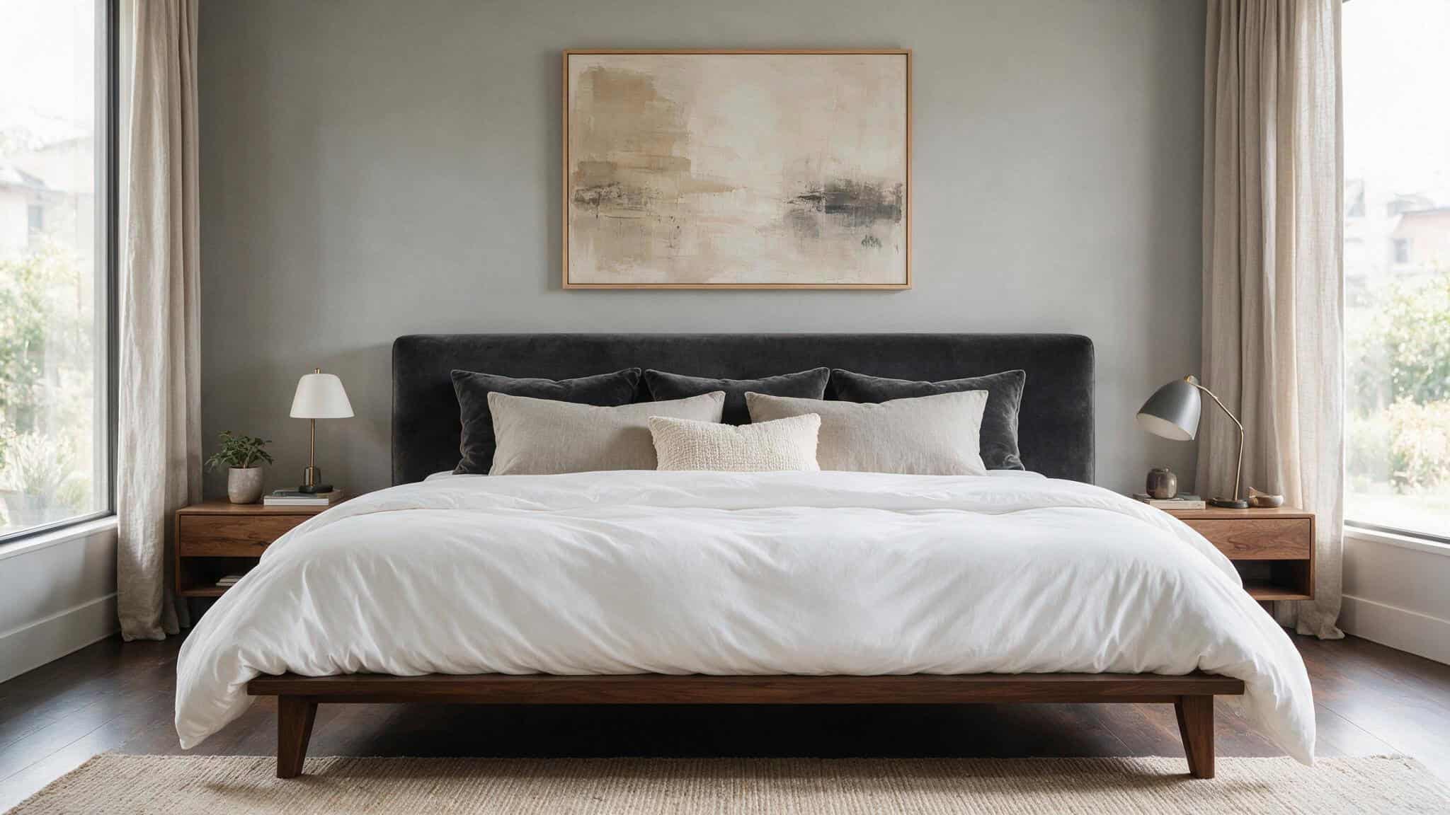 Masculine Bedroom Design: Budget vs Splurge Ideas for a Modern Look 4 Low platform bed with charcoal velvet headboard and abstract art in minimalist bedroom
