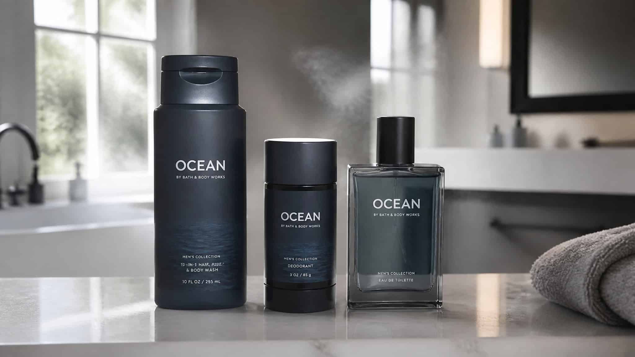 Matching body wash deodorant and cologne set on bathroom counter for full-body layering