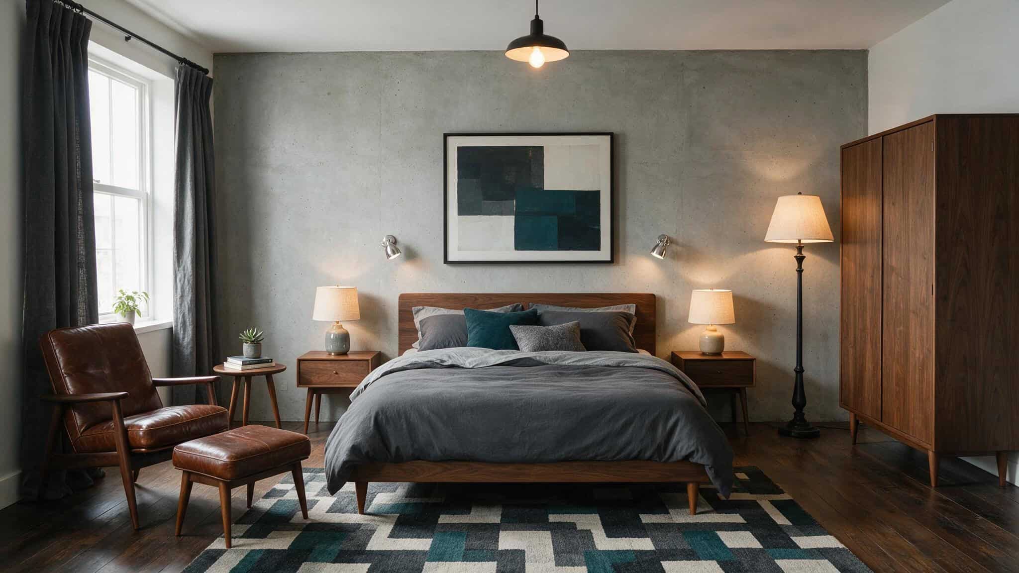 Masculine bedroom with mid-century modern furniture, leather accents, and concrete wall