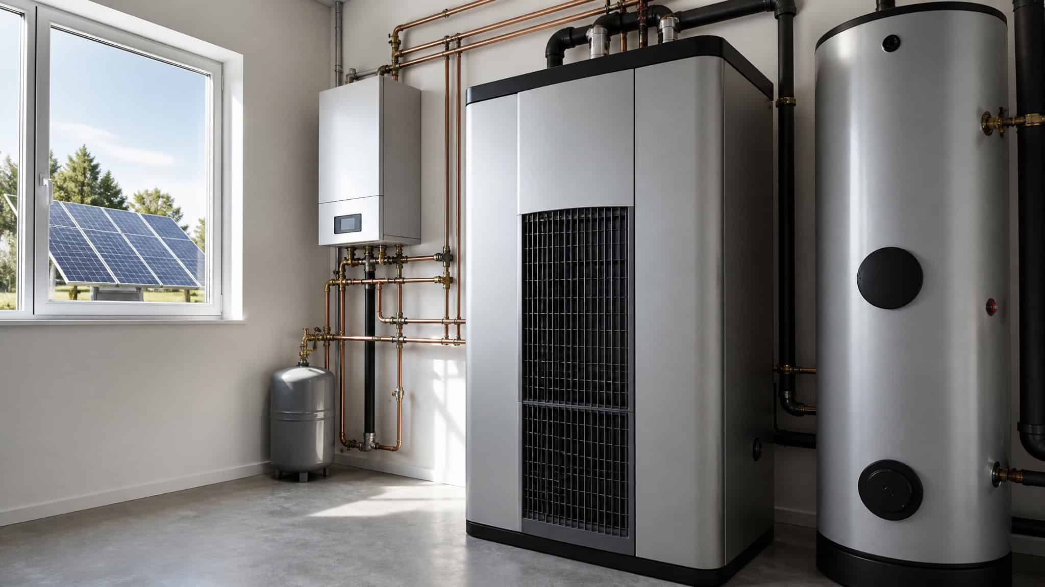AC Blowing Warm Air? 6 Causes and the 90% Outdoor Unit Rule 4 Interior view of a modern home heating system with solar panels visible through the window, showcasing energy-efficient technology.