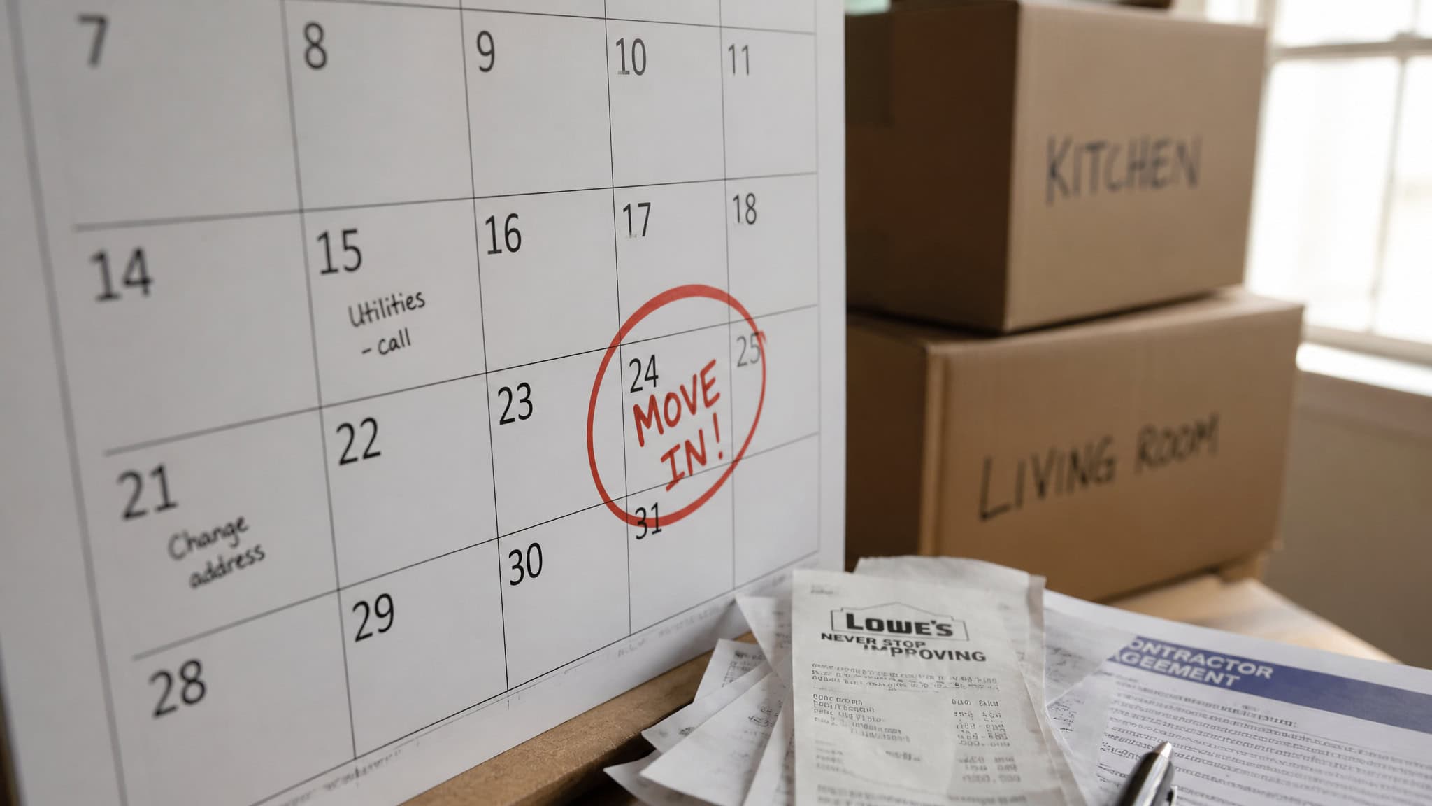 How Hard Is It to Move States? The $6,000–$15,000 Reality Check 2 Move-in date circled on a calendar beside moving boxes and receipts, showing timeline and cost planning