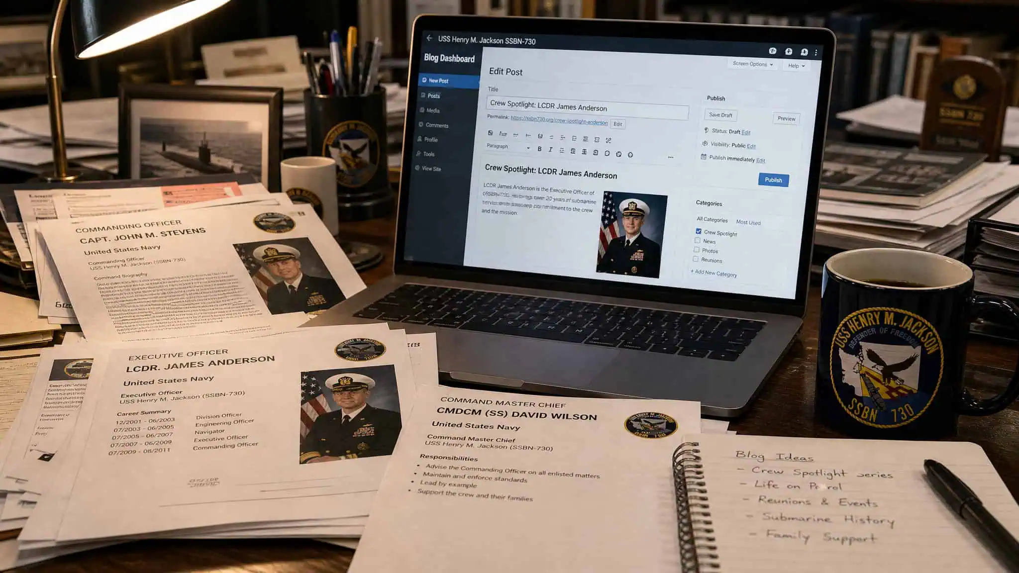 Beyond the Blue Angels: How Navy Outreach Uses Hometown Sailors to Build Trust 3 Desk with laptop and sailor profile printouts showing the Navy's content production operation.