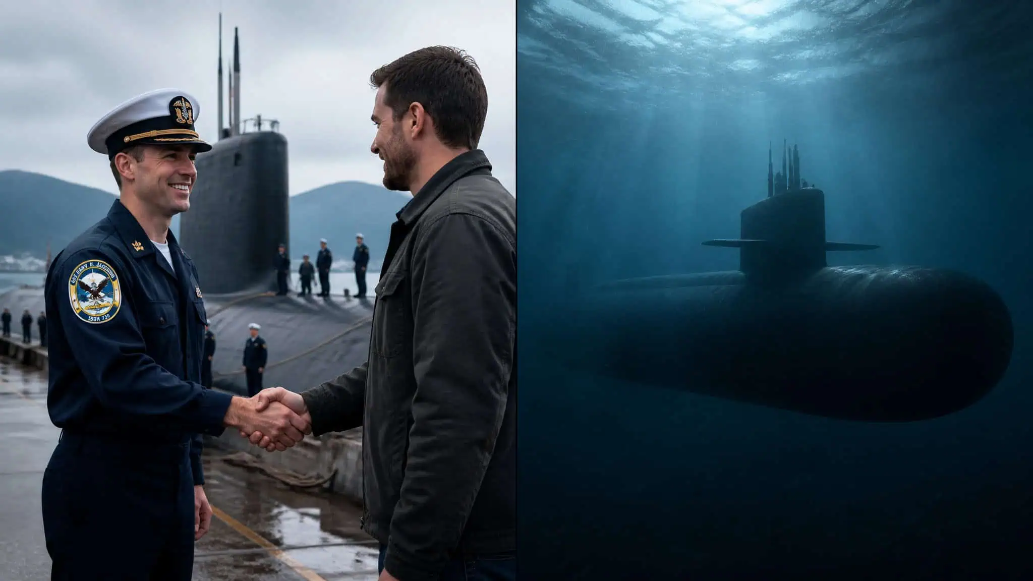 Beyond the Blue Angels: How Navy Outreach Uses Hometown Sailors to Build Trust 2 Split image of a sailor meeting a civilian and a submarine underwater showing the Navy's dual tracks.