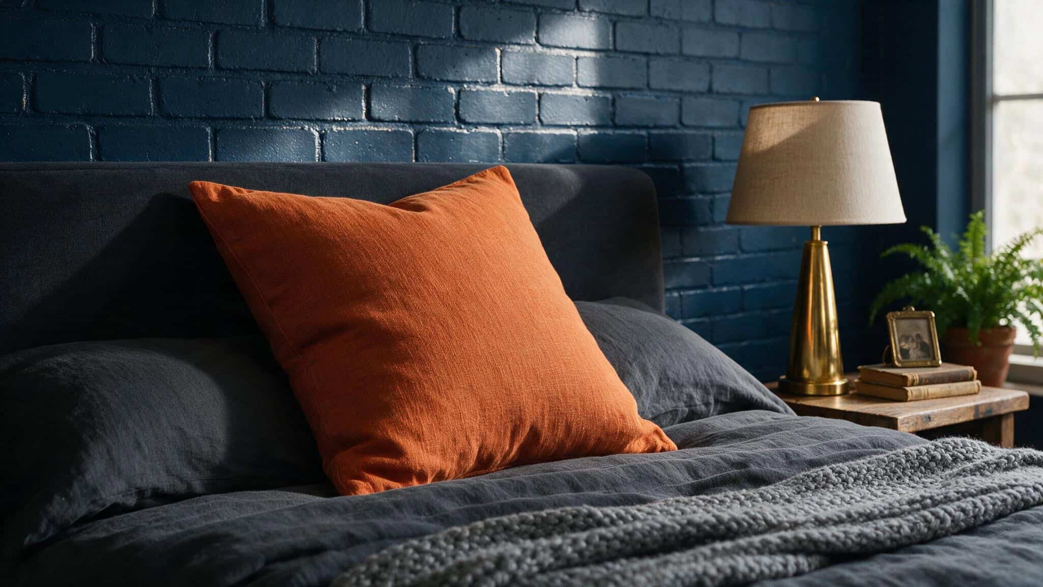 Navy blue feature wall with rust orange pillow and brass lamp in small bedroom
