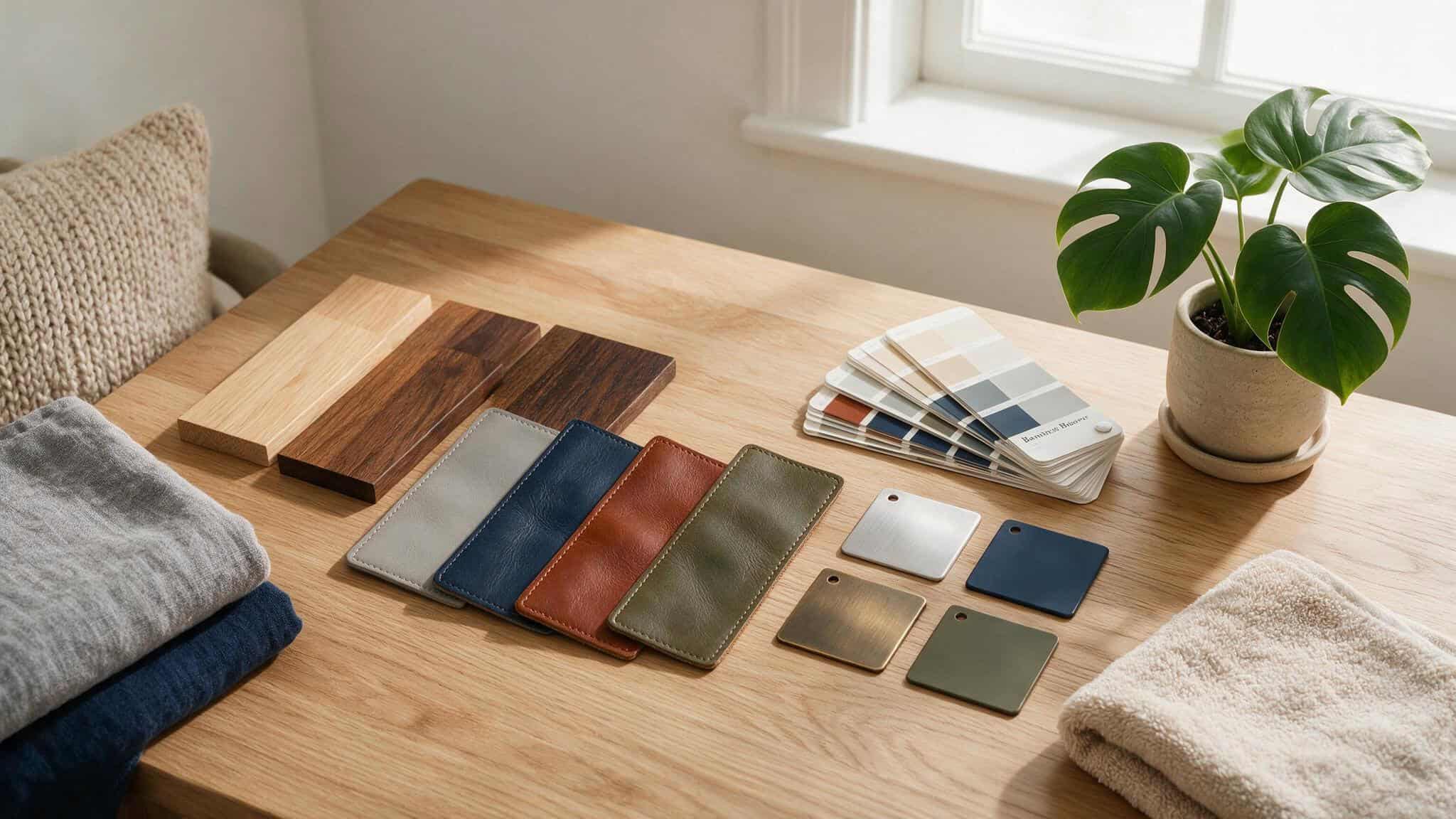 Mens Bedroom Ideas: A Furniture City Native’s Guide to a Masculine Sanctuary 2 Collection of wooden, leather, and fabric samples on a wooden table with a potted plant and color swatches for interior design or furniture selection.
