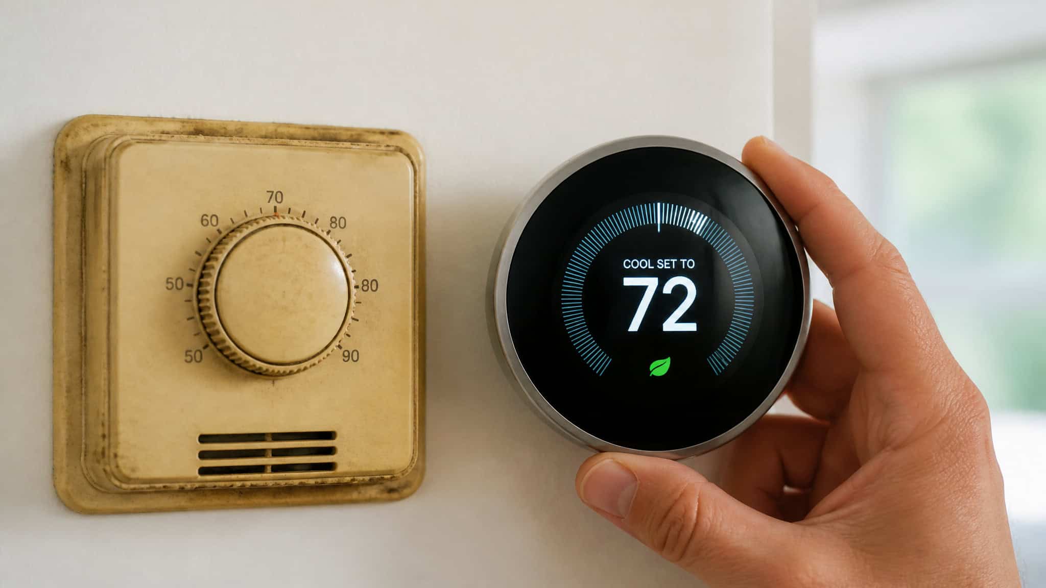 Old yellowed thermostat on wall compared to a modern smart thermostat in hand