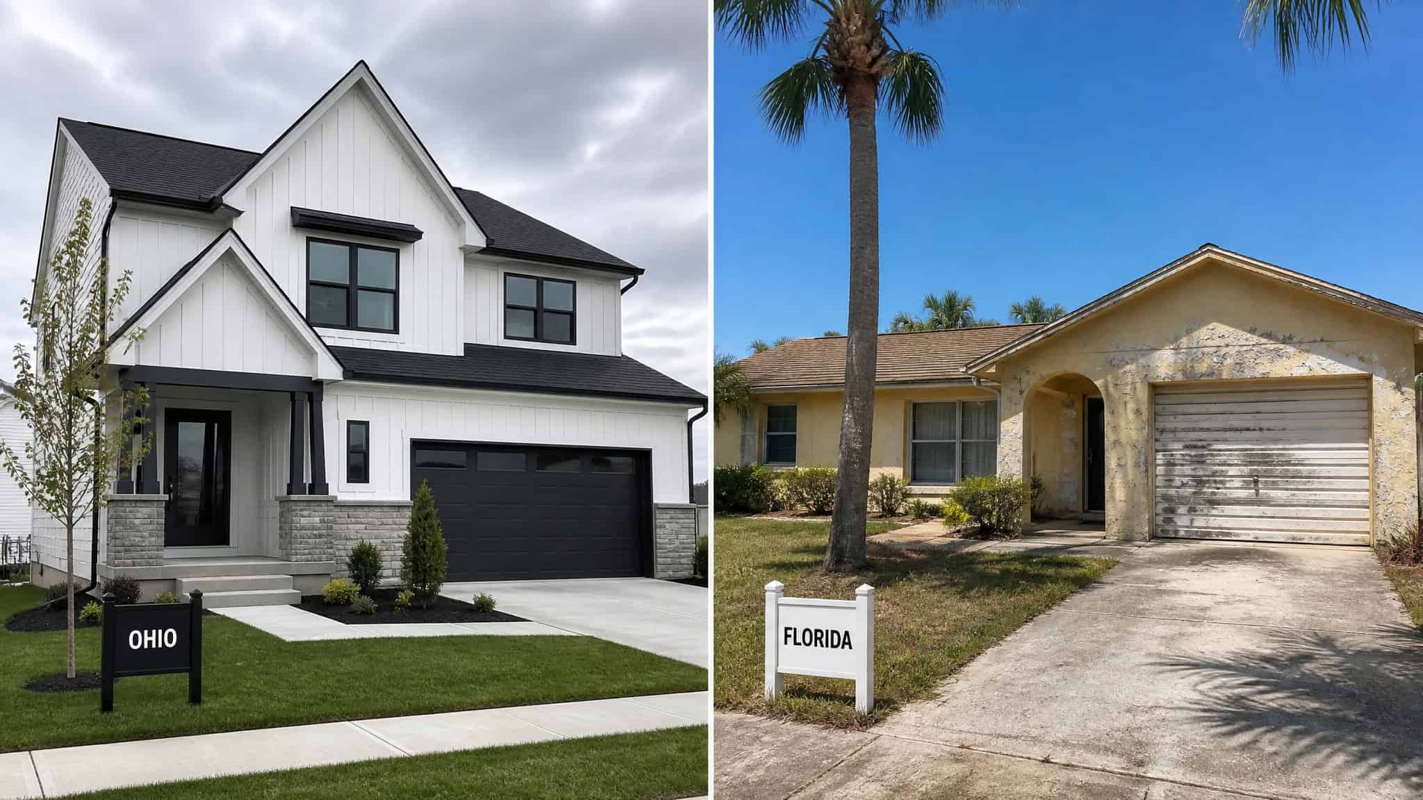 Side-by-side images of a modern white house with black accents and a traditional single-story home with a palm tree in front.