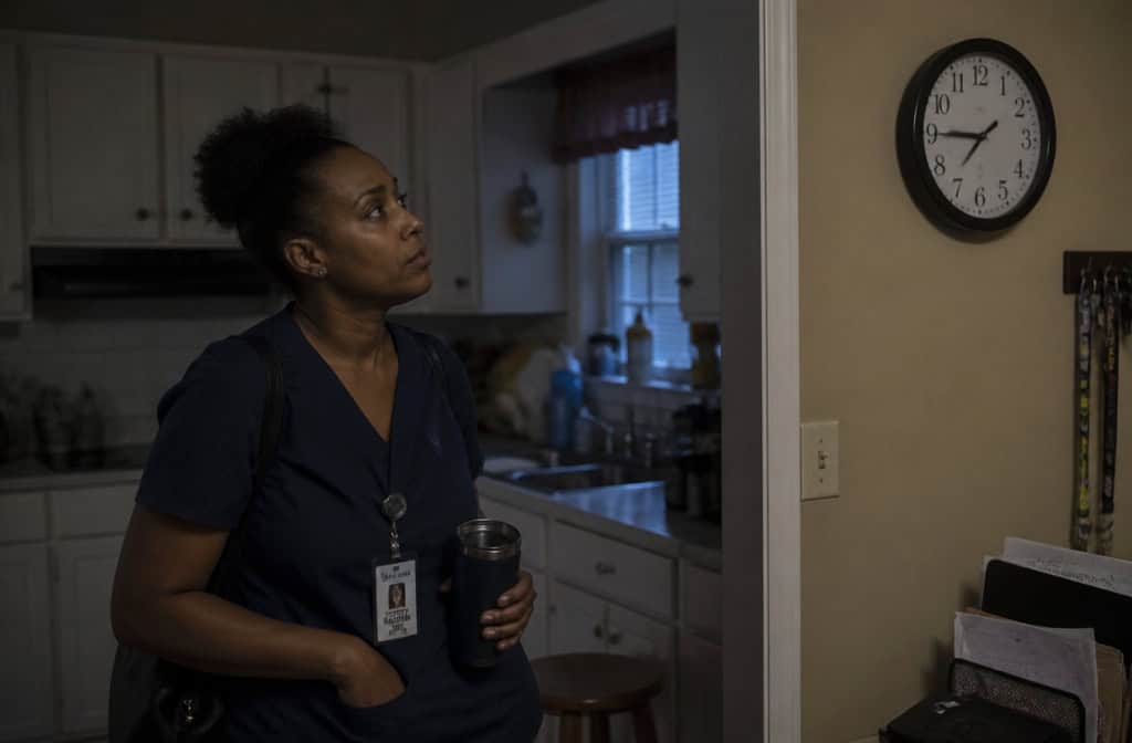 Home Health Aide Pay 2026: $17.36/hr Average, Top States & Policy Threat to Your Paycheck 3 Home health aide glancing at a wall clock, reflecting overtime hour cap concerns