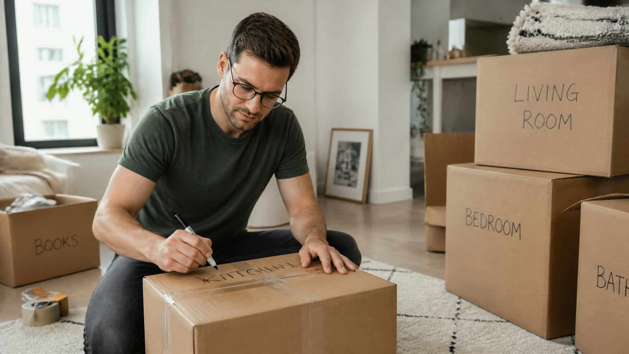 How Hard Is It to Move States? The $6,000–$15,000 Reality Check 3 Man packing labeled cardboard moving boxes in an empty apartment before a long-distance move