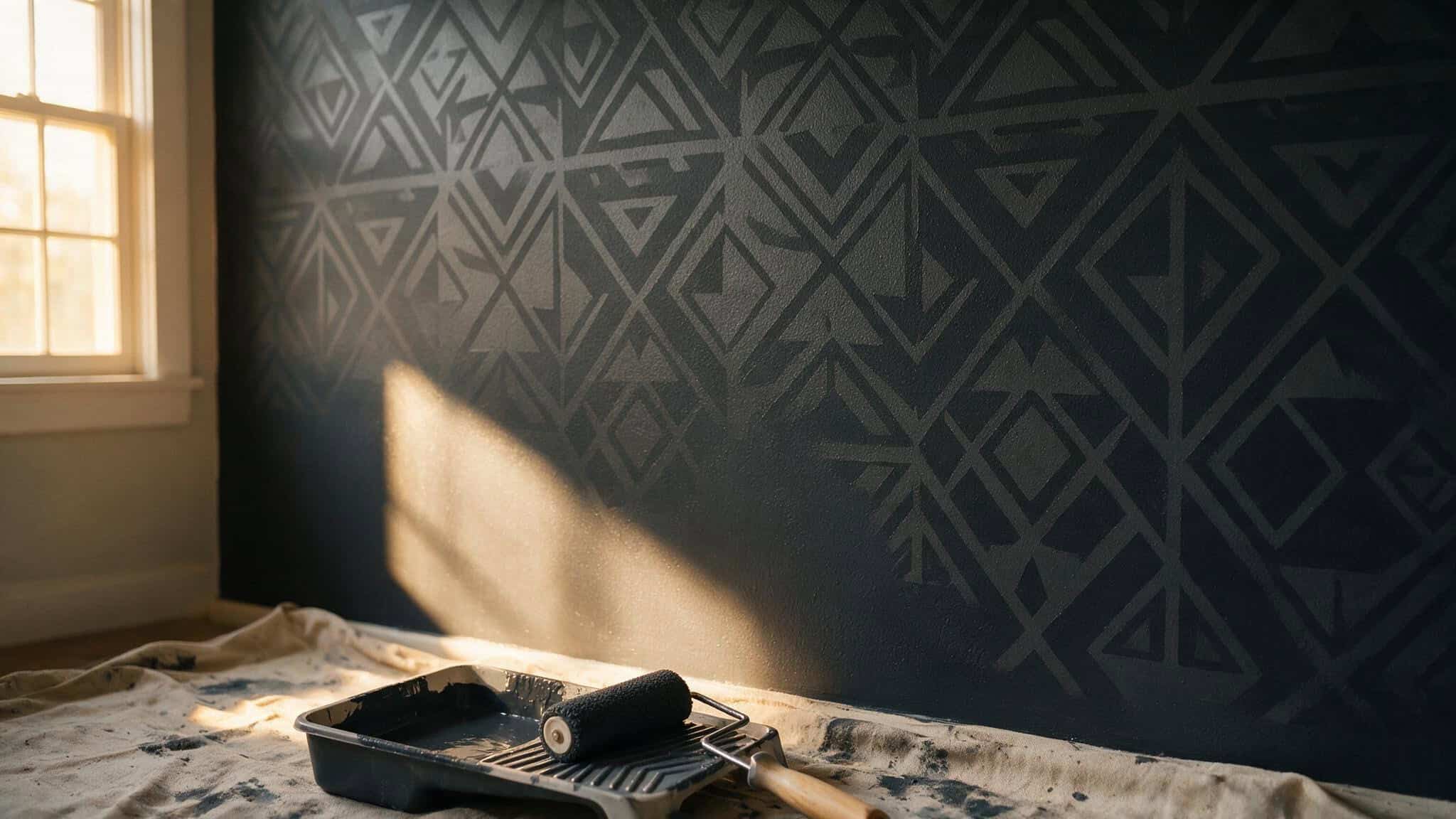 Male Bedroom Ideas on a Budget: A Real College-Age Room Makeover 2 Dark charcoal accent wall with geometric stencil pattern and painting supplies on drop cloth.