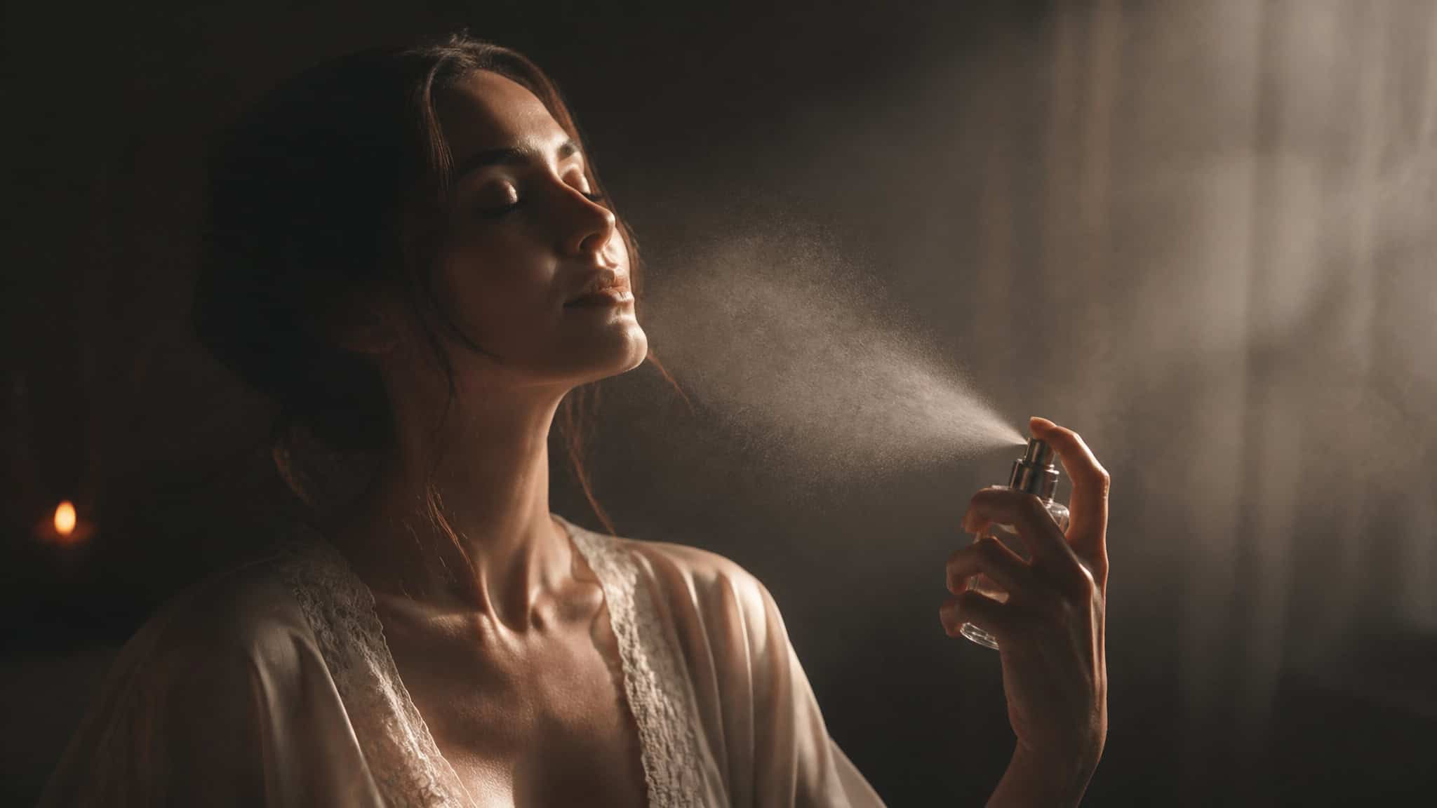 Perfume Obsessed Person: What Defines Them, Really 5 Person spraying perfume in a beam of light, evoking a mood of calm